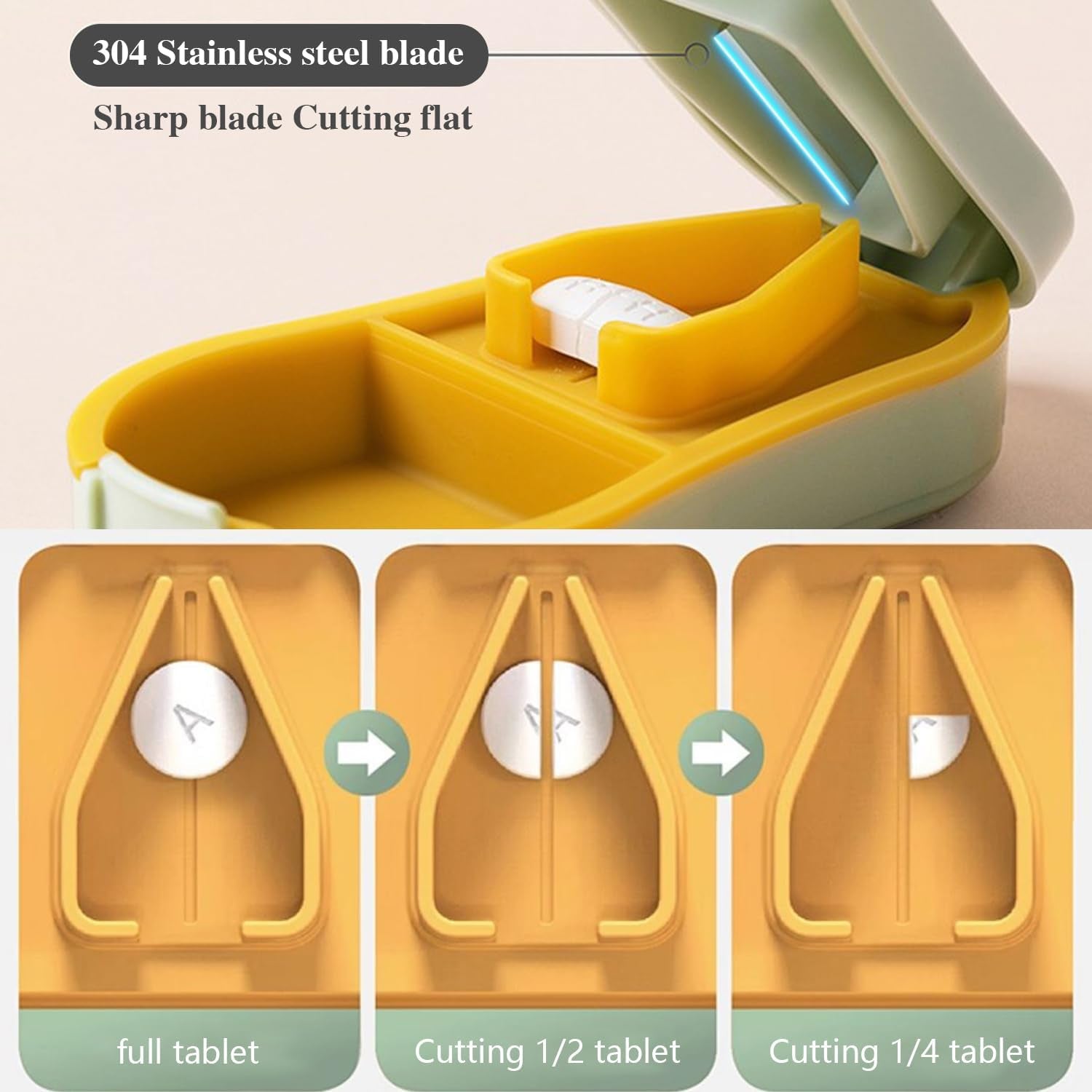 Pill Cutter Splitter for Small and Tiny Pills - Pill Cutter 1/4 - Accurately Cuts Multiple Pills - Easy Open Snap Button. Detachable Nonslip V-Shaped Pad. Wrap-Around Blade Guard. Back Storage (Cyan) | Sliding Back Storage, Pill Cutter 1/4, Accurately Cut
