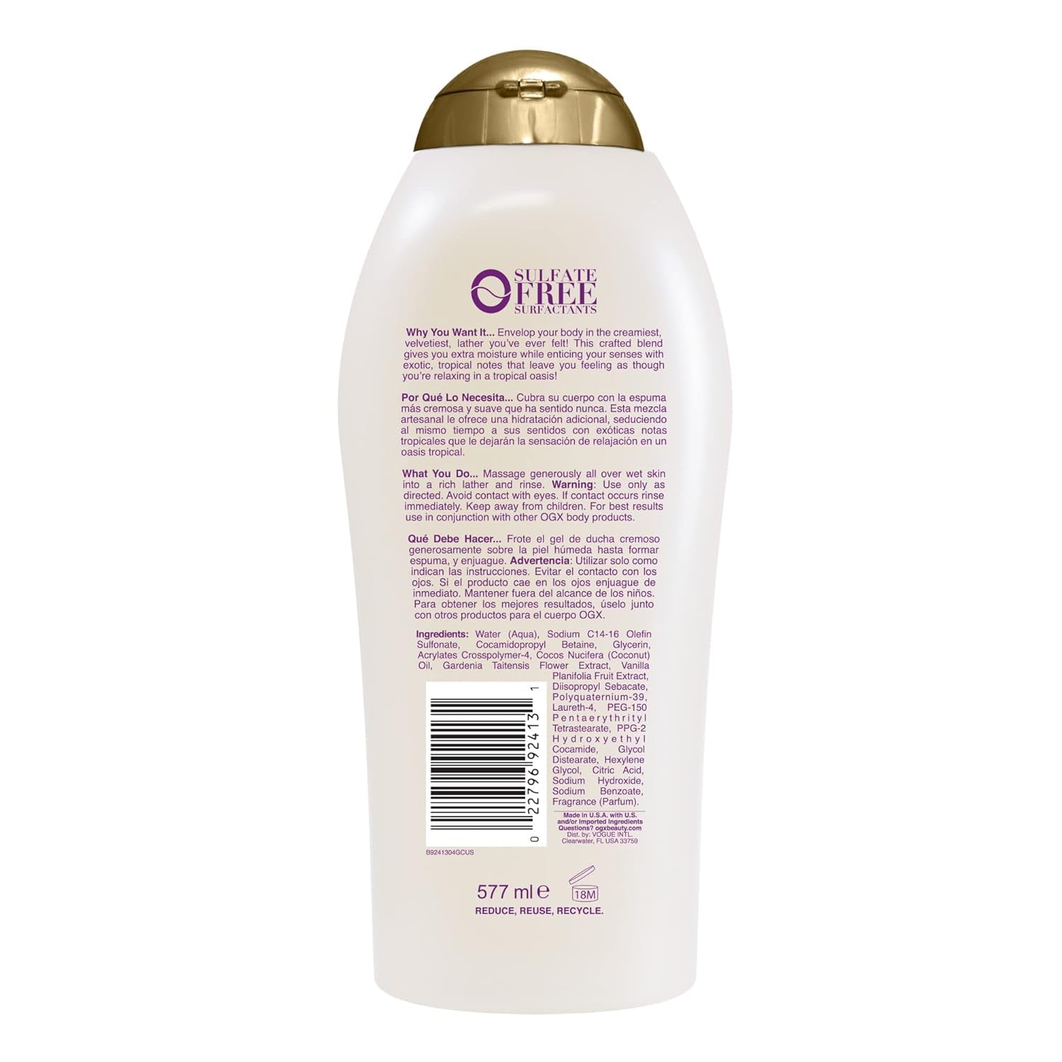 OGX Extra Creamy Coconut Miracle Oil Ultra Moisture Body Wash - Rich Shower Gel for Dry Skin with Coconut Oil, Sulfate-Free Surfactants, 19.5 Fl. Oz