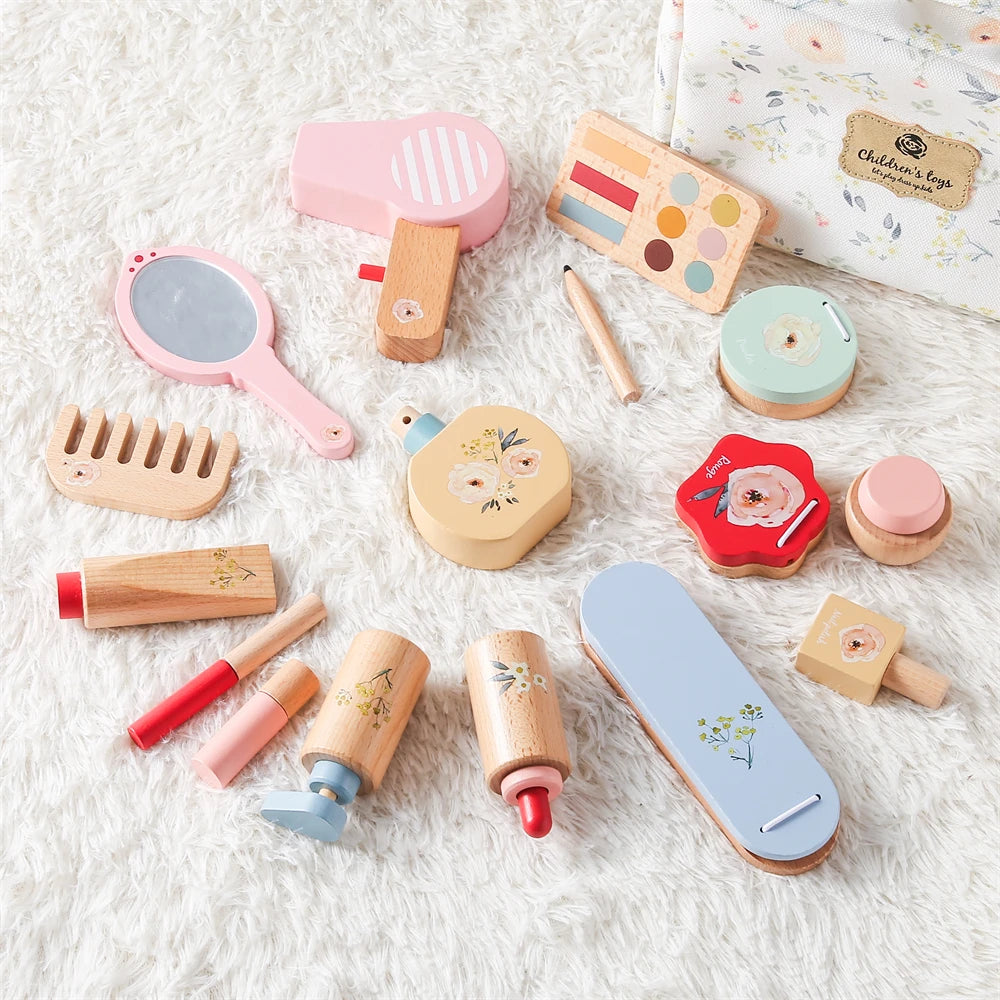 Wooden Pretend Play Makeup Set for Children - Simulation Cosmetics and Hairdressing Toys for Preschoolers