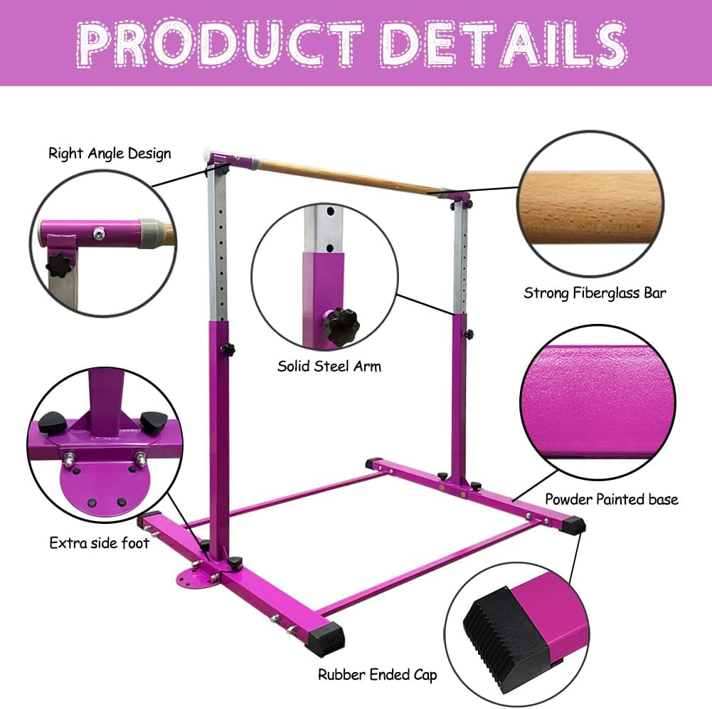 Adjustable Gymnastics Training Bar for Children Ages 3-15 with Ring - Sturdy Steel Design, Anti-Slip Features, Easy Assembly, Height Adjustable from 3' to 5