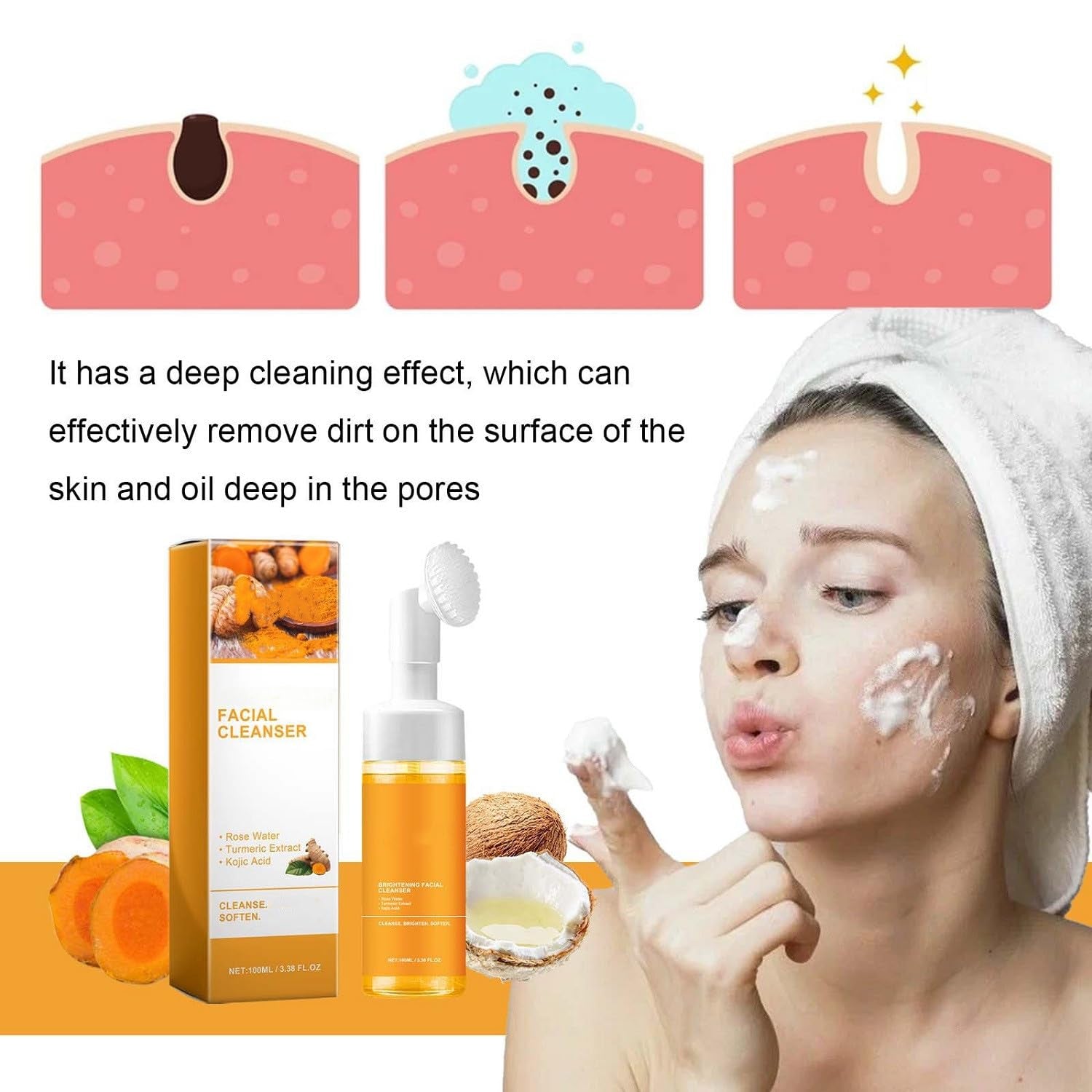 Turmeric Foaming Facial Cleanser Set - Deep Cleansing and Brightening Face Wash with Brush (100ml)