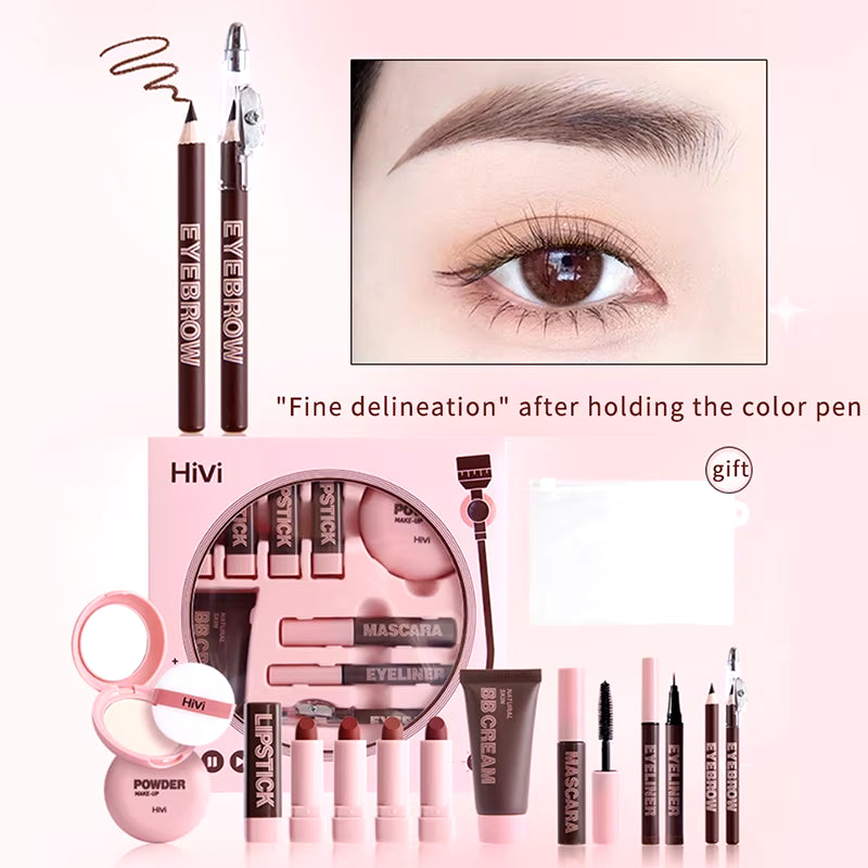 Women's Christmas Makeup Collection: 9 Lipsticks, Pressed Powder, BB Cream, Eyebrow Pencil, Mascara, and Eyeliner Set for Women and Girls