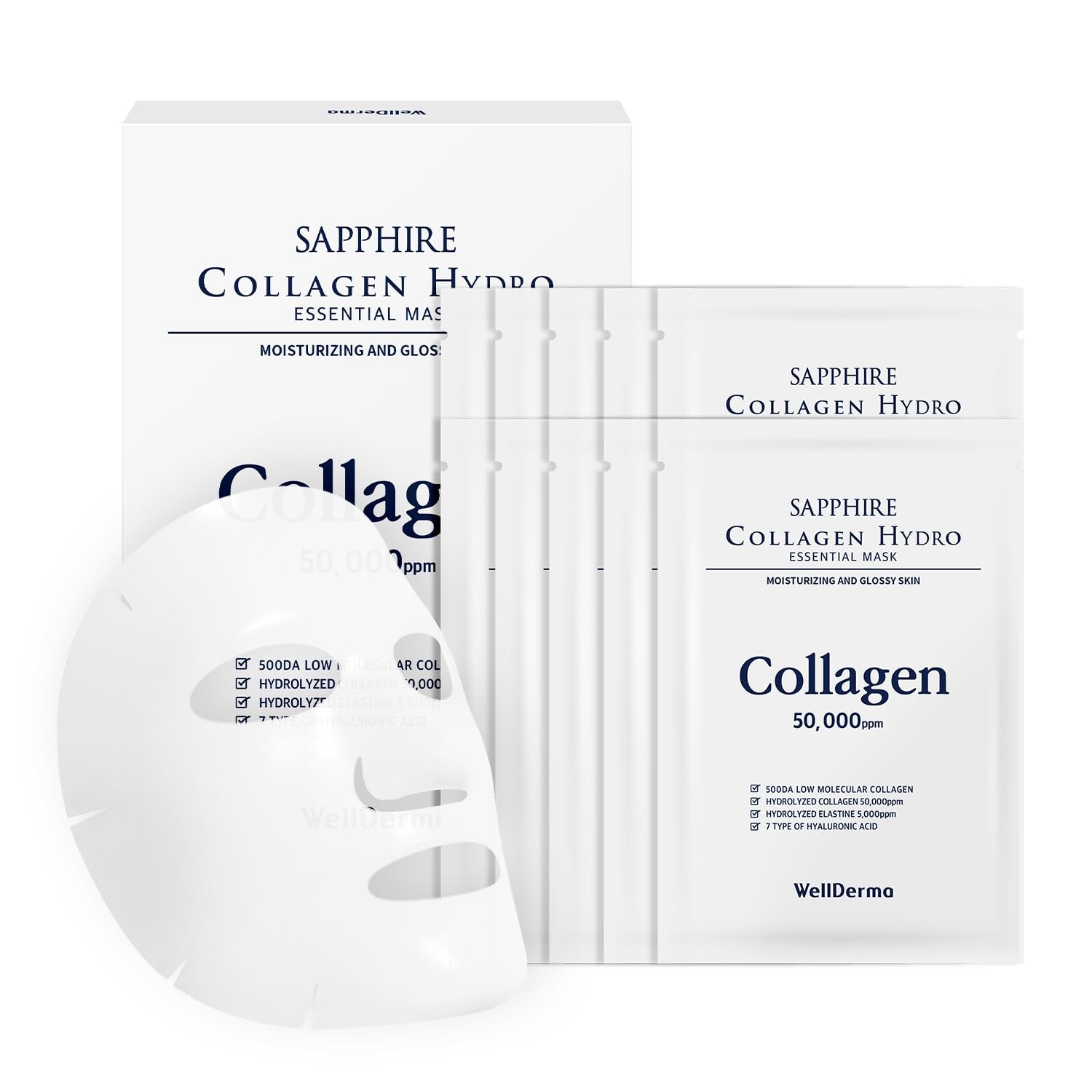 Sapphire Collagen Hydro Essential Mask – 10-Count Moisturizing and Soothing Sheet Mask with Collagen and Ceramide, 1.01 Fl. Oz (30 mL) Each