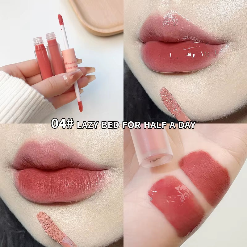 Double-Ended Lip Glaze: Full Gloss and Matte Velvet Finish for Long-Lasting Color and Hydration, Anti-Stain Cosmetic Lip Gloss