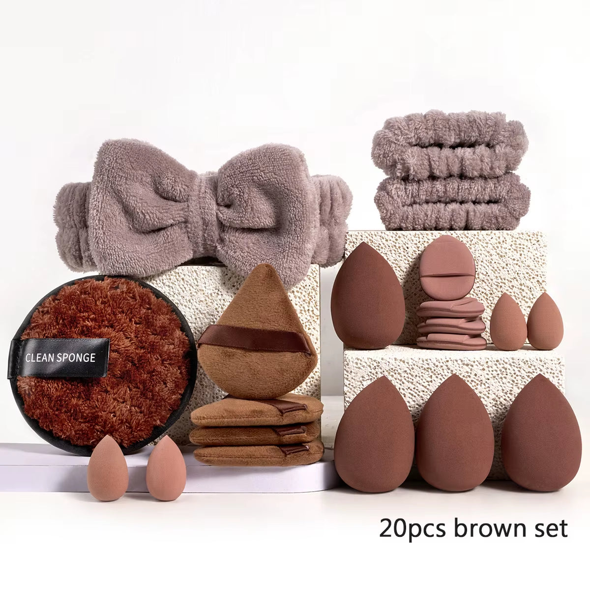 Professional Makeup Brush and Sponge Set with Brown Puff, Beauty Blender, Headband, and Wristband Remover Kit - Ideal Makeup Tools Gift, 20/40 Count