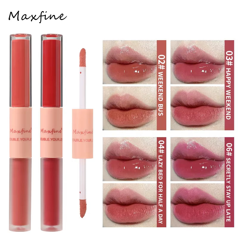 Double-Ended Lip Glaze: Full Gloss and Matte Velvet Finish for Long-Lasting Color and Hydration, Anti-Stain Cosmetic Lip Gloss