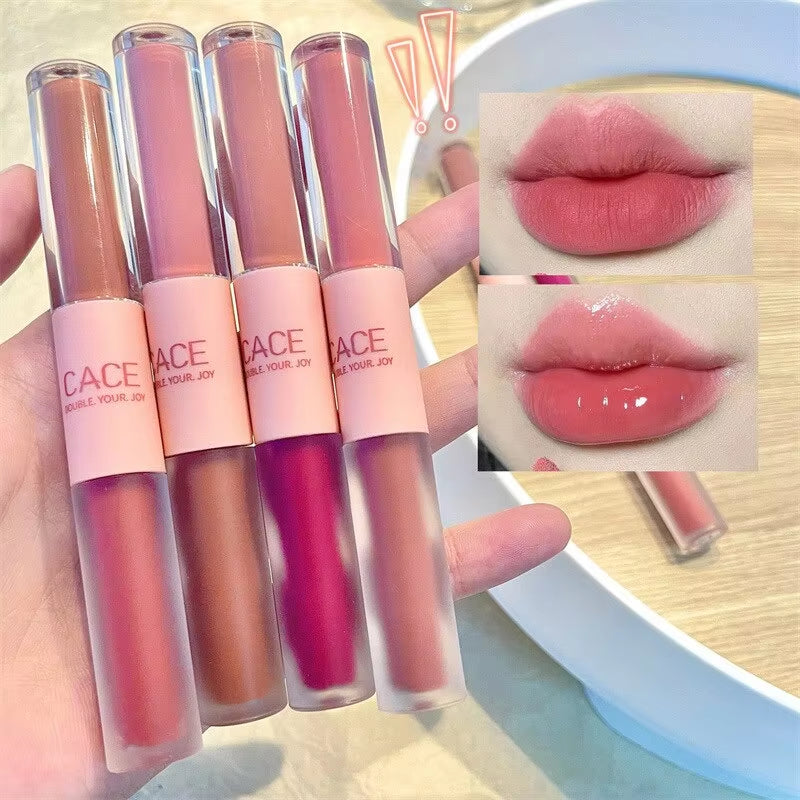 Double-Ended Lip Glaze: Full Gloss and Matte Velvet Finish for Long-Lasting Color and Hydration, Anti-Stain Cosmetic Lip Gloss