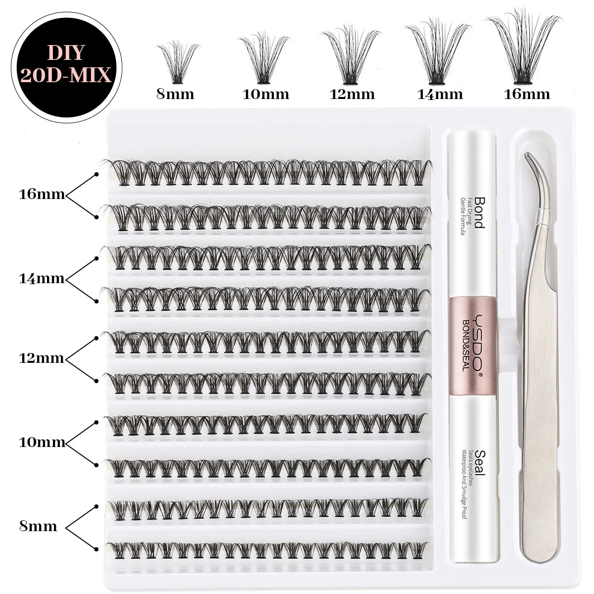 Lash Clusters Kit with Individual Lash Extension Adhesive, Sealant, Tweezers, and Multi-Type False Eyelashes Applicator for Professional Makeup Application