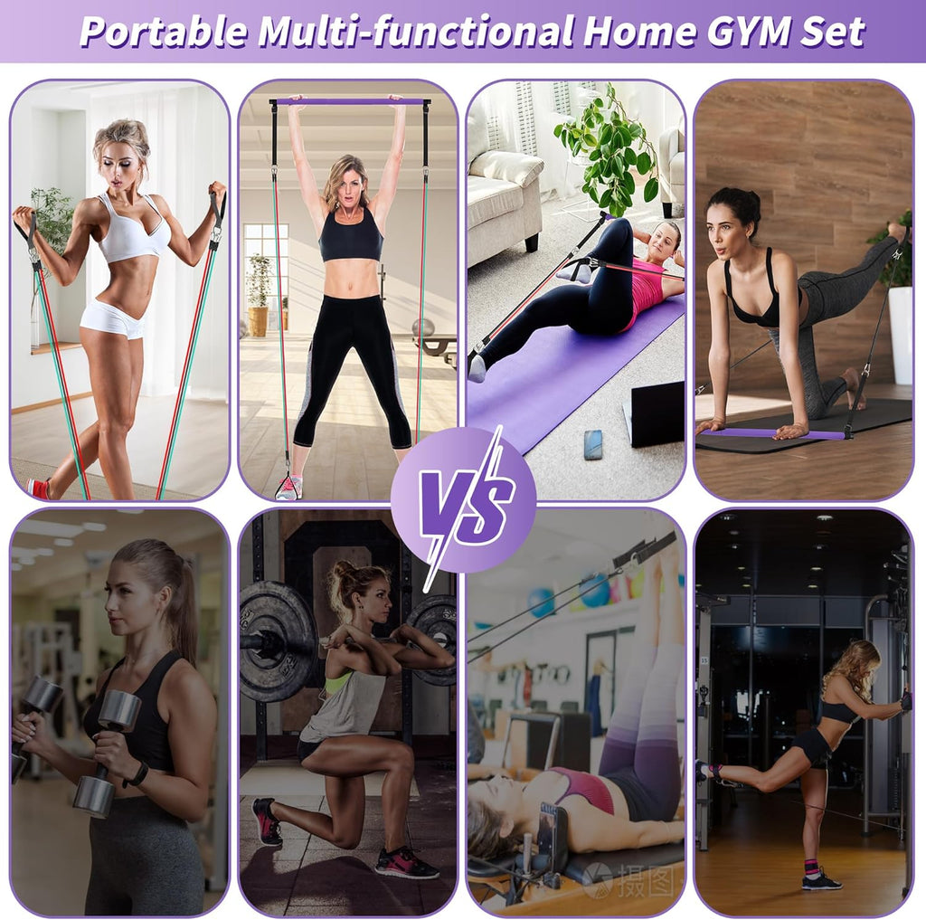 Portable Pilates Bar Kit with Resistance Bands - Complete Home Gym System for Full-Body Workouts - Includes Fitness Poster and Instructional Video