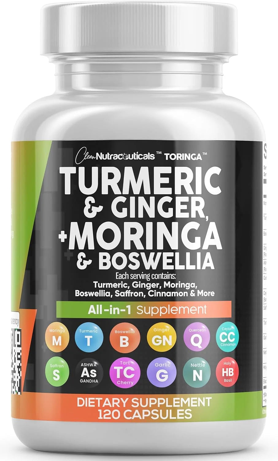 Turmeric and Moringa Supplement with Ginger, Boswellia, and Saffron - Comprehensive Formula for Men and Women Featuring Ceylon Cinnamon, Tart Cherry, Quercetin, Garlic, Nettle, and Holy Basil - 1 Pack