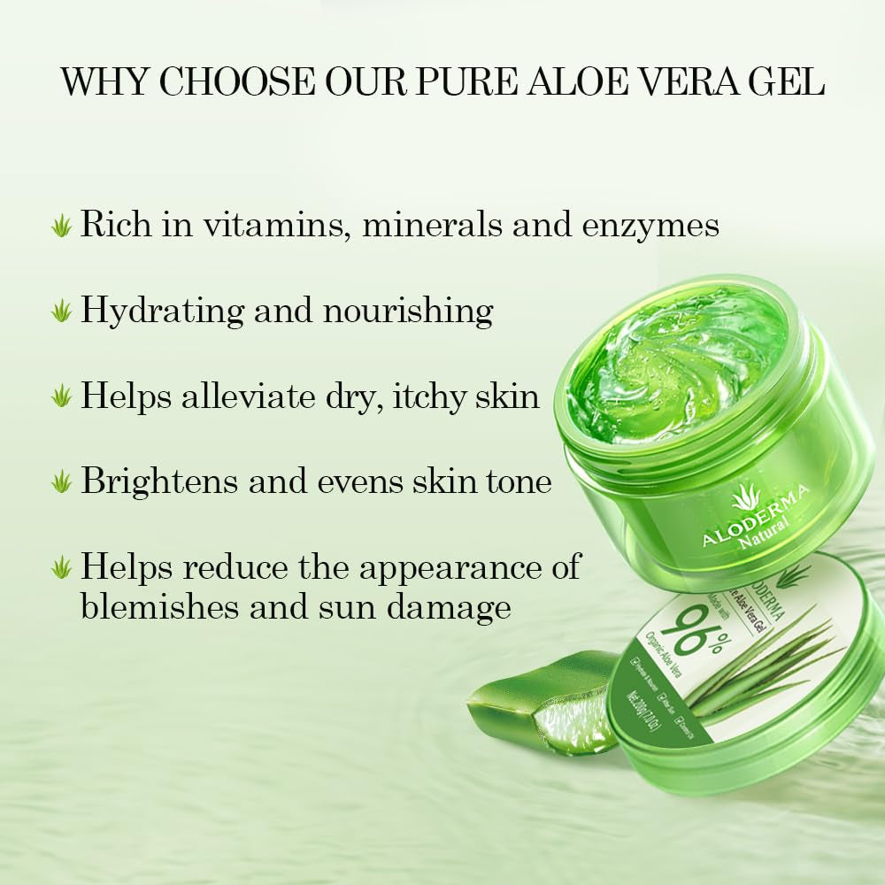 Aloe Vera Gel - 96% Pure Organic Formula, Harvested Within 12 Hours for Skin, Scalp, and Hair Hydration, Soothing Moisturizer, 7.05 Oz