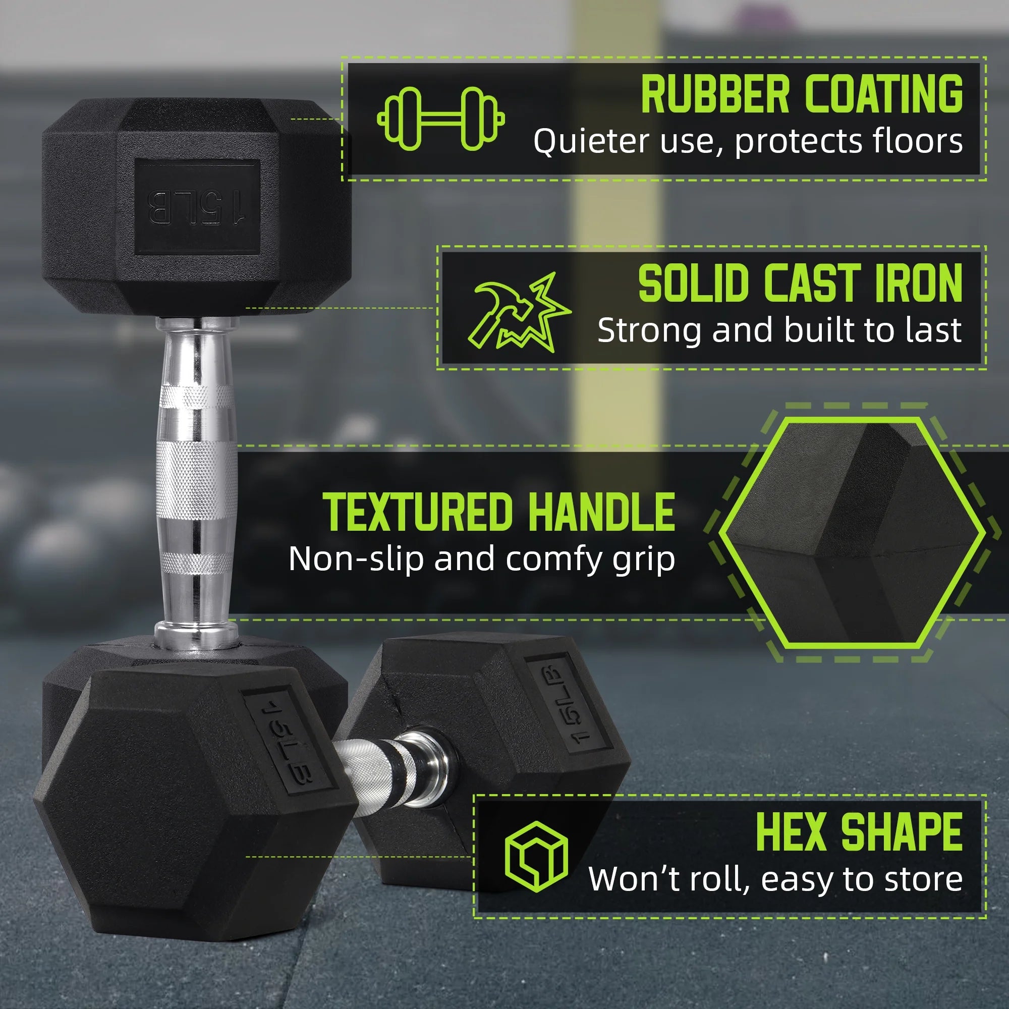 15 lb Hex Dumbbell with Black Rubber Coating