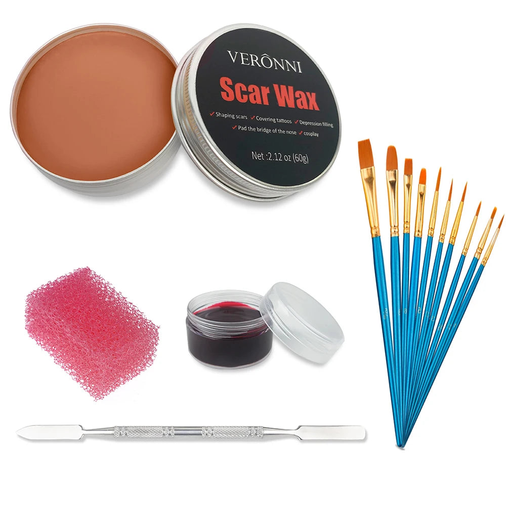 Professional SFX Makeup Kit - 12 Color Face and Body Paint, Oil-Based Special Effects for Halloween, Wound and Scar Wax, Fake Scab, Blood, and Spatula Included
