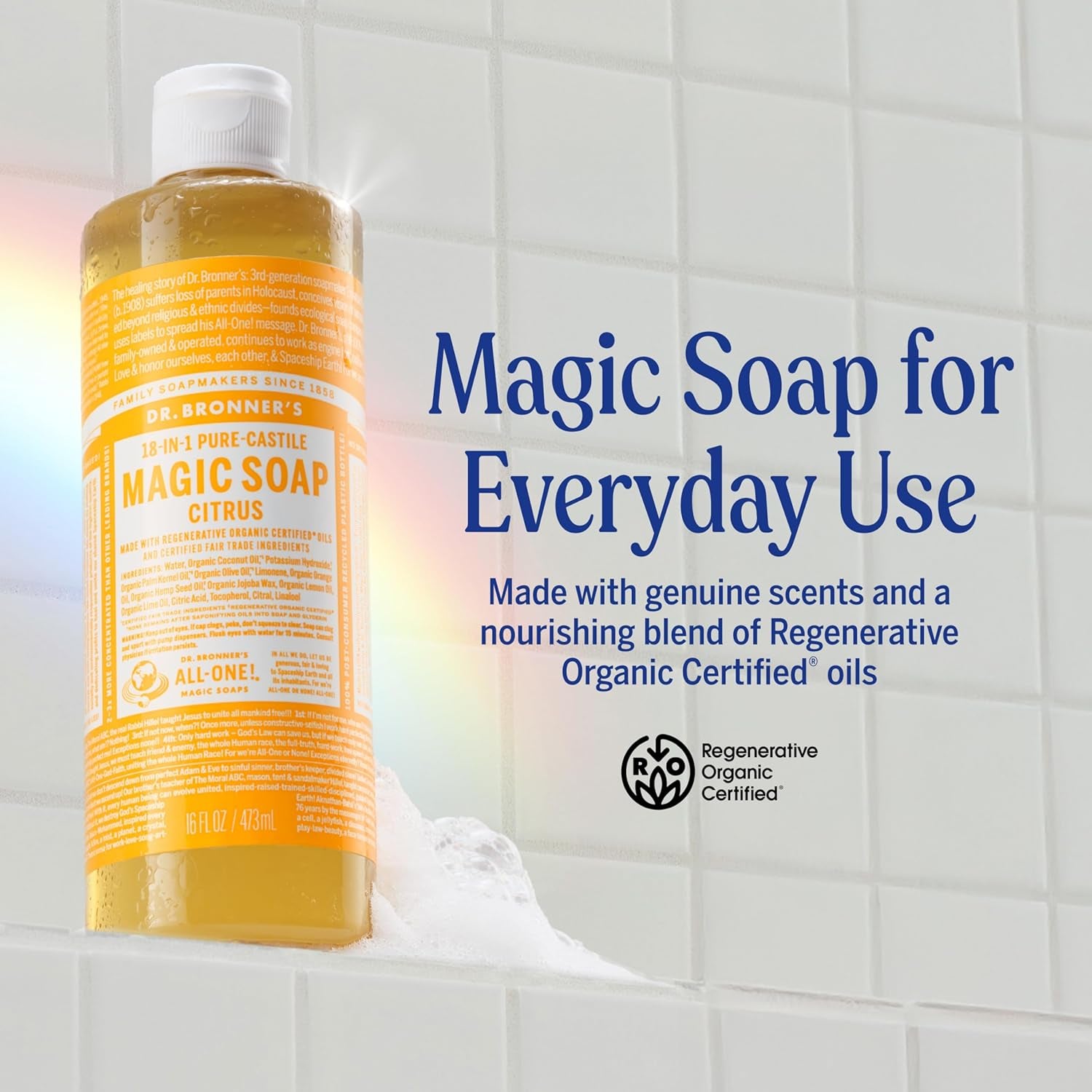 Magic Soap Pure Castile Liquid Soap - Citrus Scent (32 oz, 2-Pack) - Regenerative Organic Certified Oils, 18-in-1 Versatility for Body, Hair, Laundry, Pets, and Dishes, Concentrated Formula, Vegan, Non-GMO