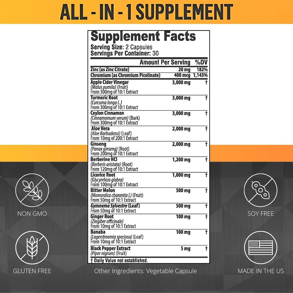 Ceylon Cinnamon Capsules 3000Mg Turmeric 3000Mg Apple Cider Vinegar 3000 Mg Ginseng 2000Mg Aloe Vera 2000Mg Berberine Supplement 1200Mg + Banaba | Bitter Melon | Gymnema | Ginger Root - 60 Count