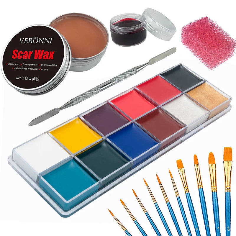 Professional SFX Makeup Kit - 12 Color Face and Body Paint, Oil-Based Special Effects for Halloween, Wound and Scar Wax, Fake Scab, Blood, and Spatula Included