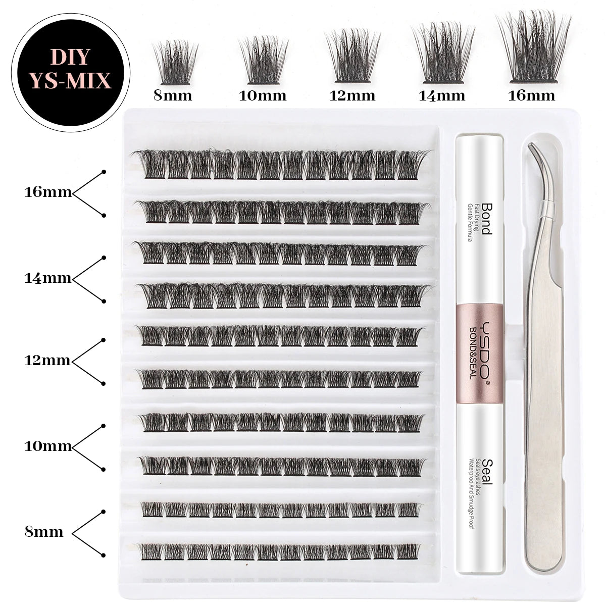 Lash Clusters Kit with Individual Lash Extension Adhesive, Sealant, Tweezers, and Multi-Type False Eyelashes Applicator for Professional Makeup Application