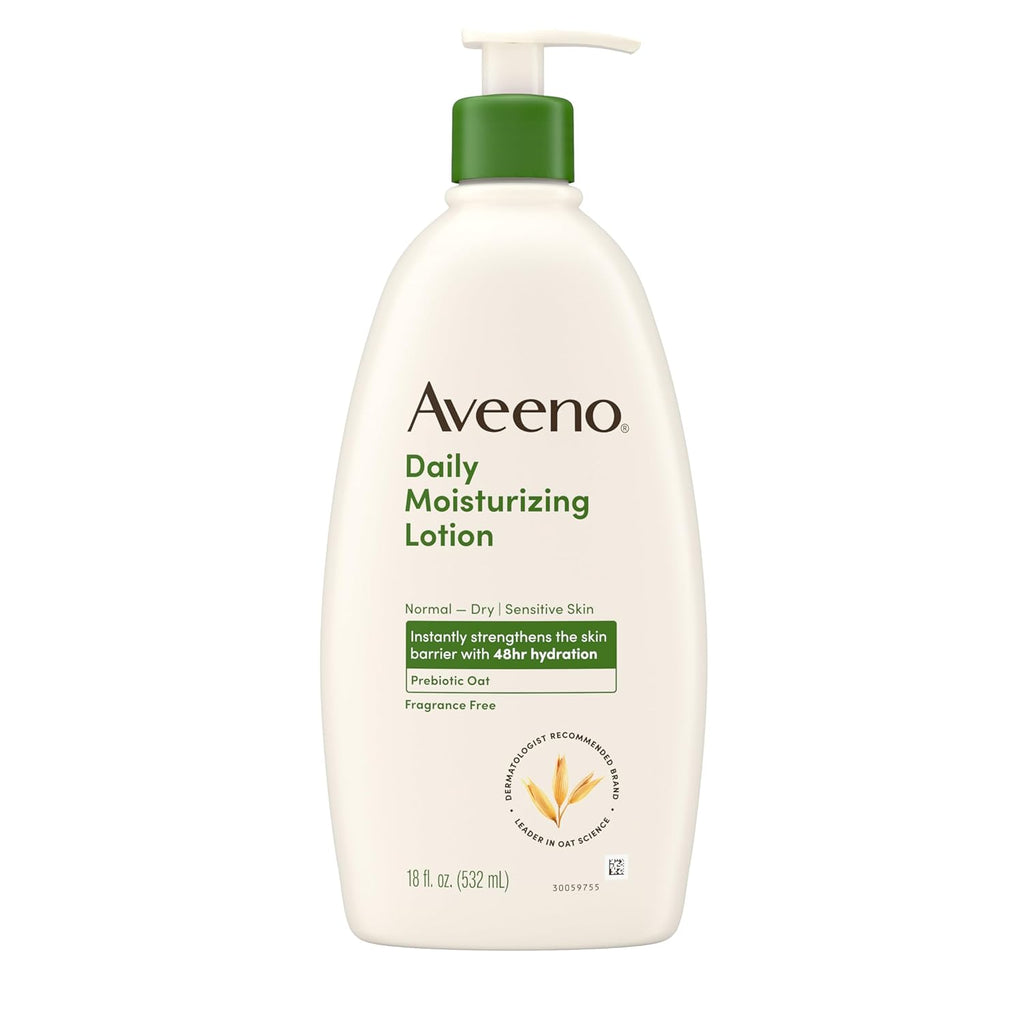 Aveeno Daily Moisturizing Body Lotion for Normal to Dry Skin, Moisturizer with Soothing Prebiotic Oat, Non Greasy, Non Comedogenic, Fragrance Free Body Lotion for Women & Men, 18 Fl Oz