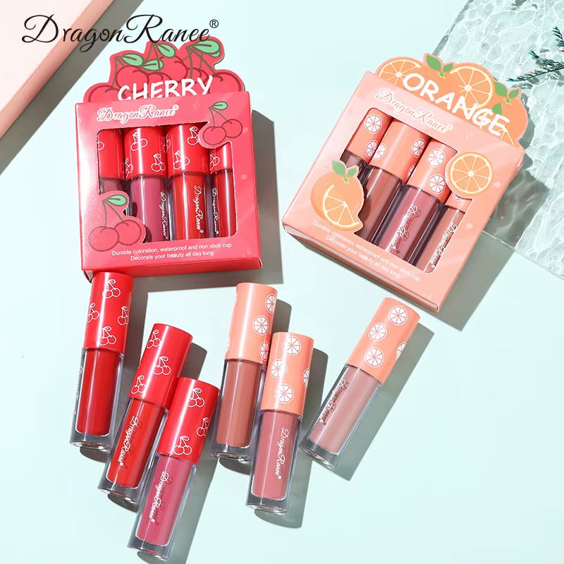 Velvet Matte Lip Gloss Set - 3 or 4 Pieces, Long-Lasting, Non-Fading, Non-Stick Cup, Fruit Scented, Smooth and Lightweight Formula