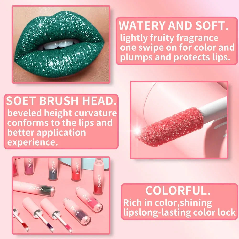 18-Color Metallic Waterproof Lip Gloss Set with Long-Lasting Matte and Shimmer Finishes for Women