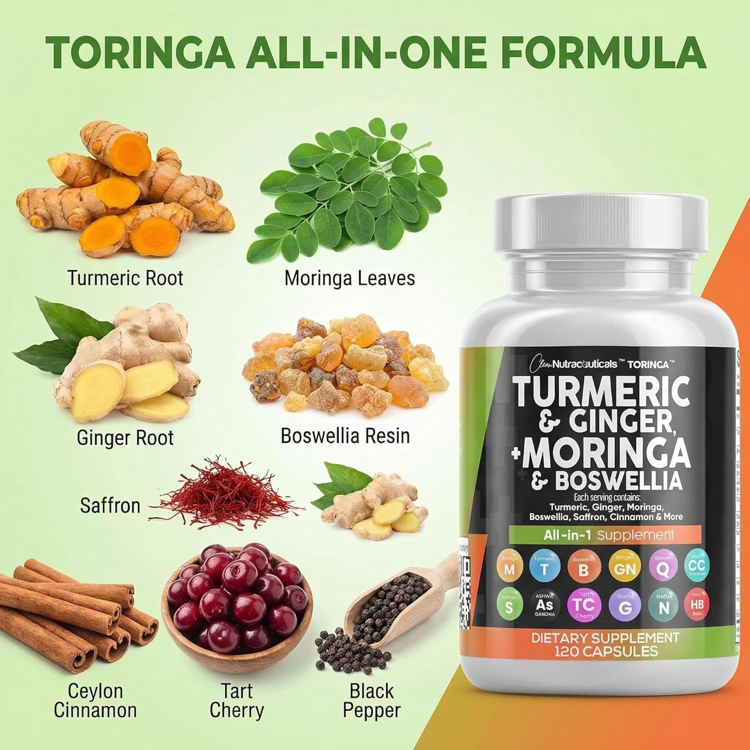 Turmeric and Moringa Supplement with Ginger, Boswellia, and Saffron - Comprehensive Formula for Men and Women Featuring Ceylon Cinnamon, Tart Cherry, Quercetin, Garlic, Nettle, and Holy Basil - 1 Pack