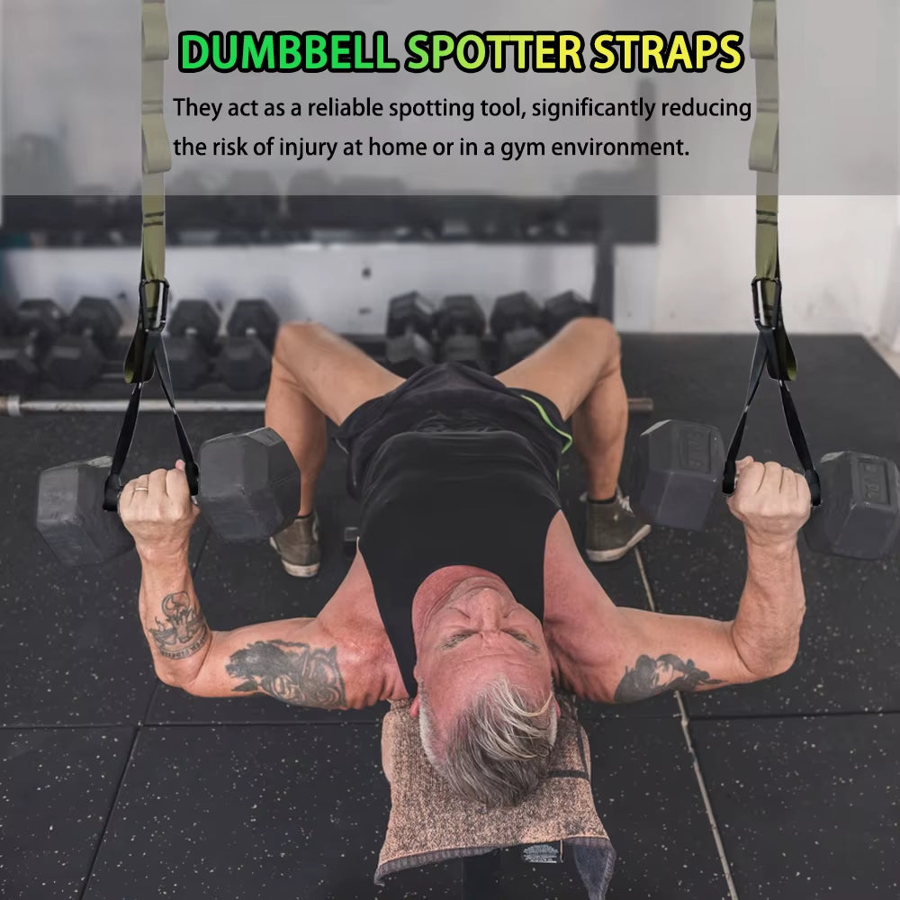 Adjustable Dumbbell Spotter Straps for Secure Barbell Rack Attachment and Chest Bench Press Safety
