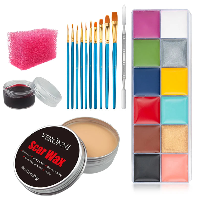 Professional SFX Makeup Kit - 12 Color Face and Body Paint, Oil-Based Special Effects for Halloween, Wound and Scar Wax, Fake Scab, Blood, and Spatula Included
