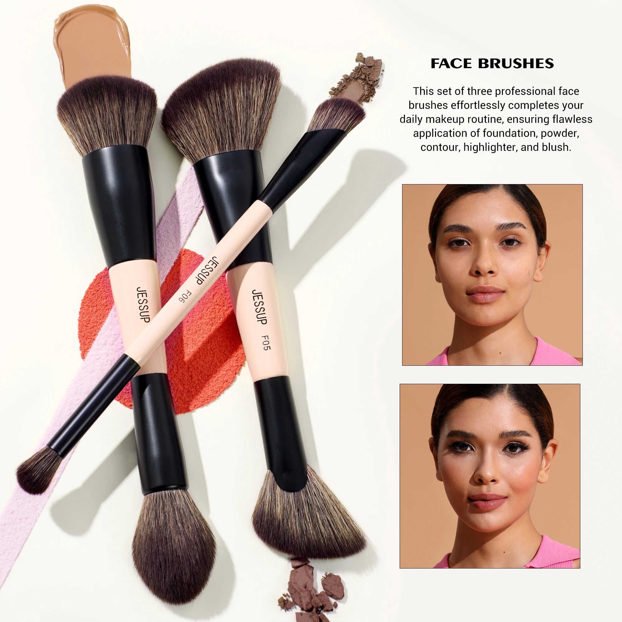 Double-Sided Makeup Brush Set - 3/5/7 Pieces for Foundation, Eyeshadow, and Powder Blending - Cruelty-Free Peach Dust T600