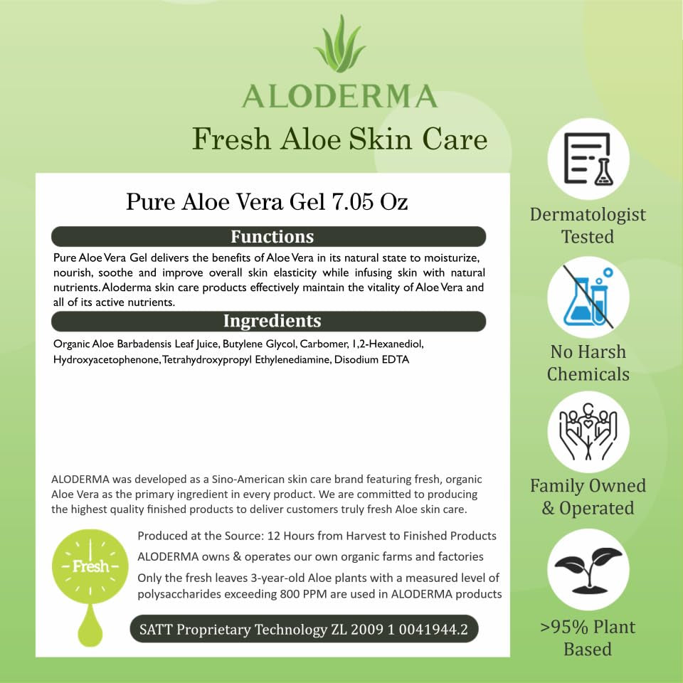 Aloe Vera Gel - 96% Pure Organic Formula, Harvested Within 12 Hours for Skin, Scalp, and Hair Hydration, Soothing Moisturizer, 7.05 Oz