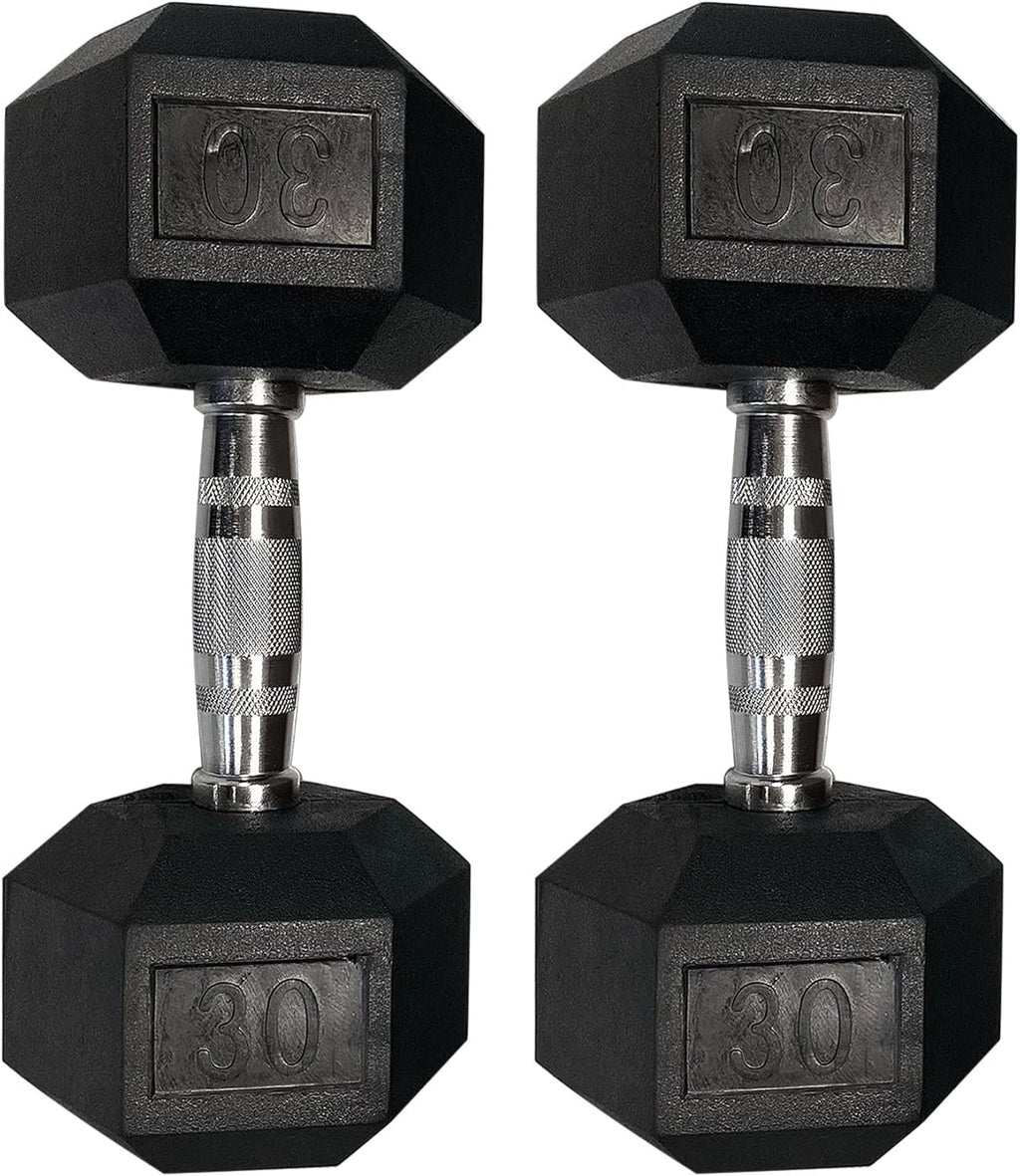 Pair of 35 lb Hexagonal Rubber Dumbbells with Metal Handles