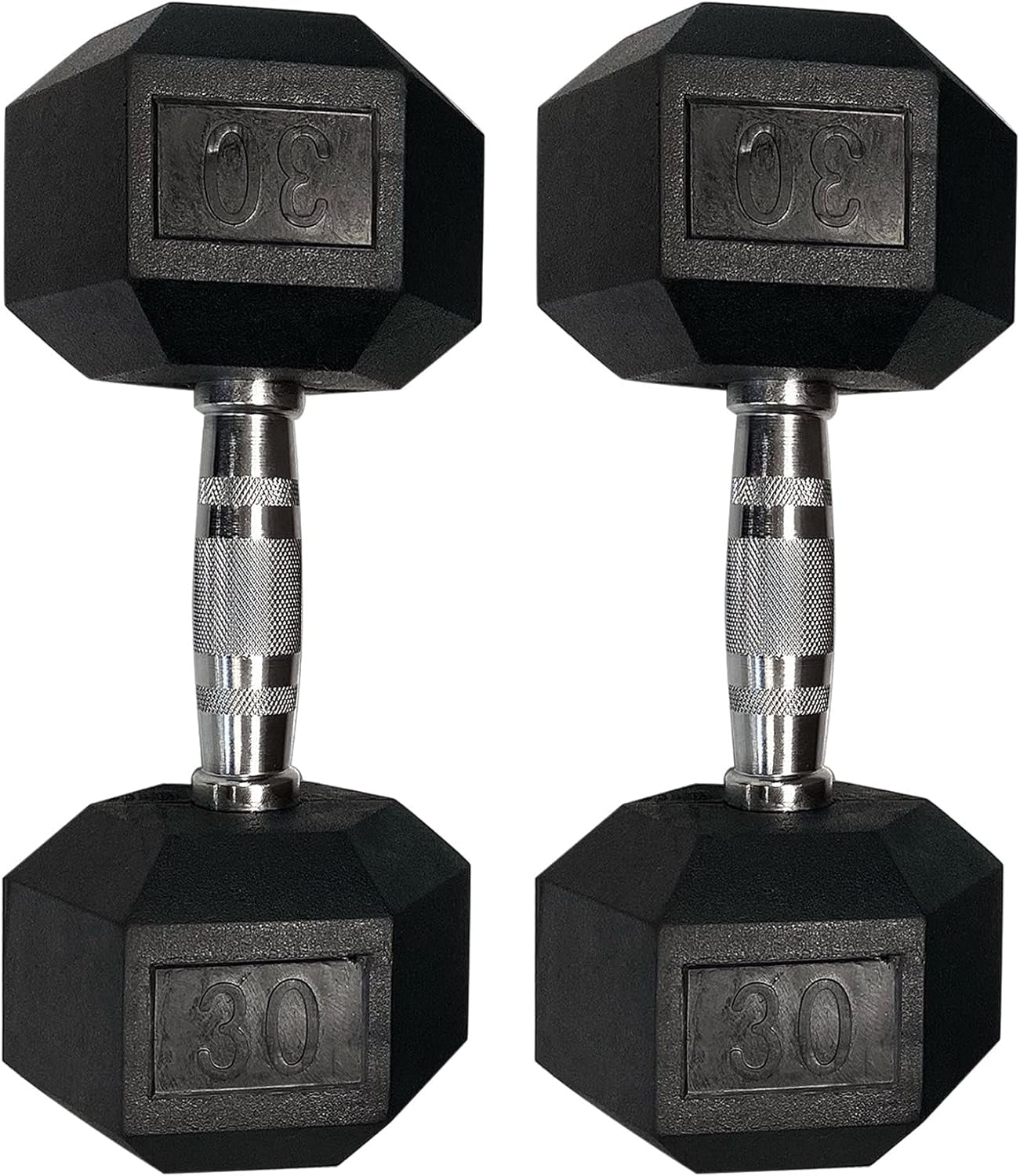 Pair of 35 lb Hexagonal Rubber Dumbbells with Metal Handles