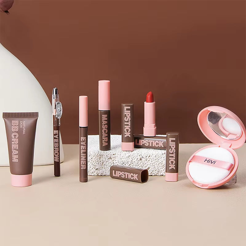 Women's Christmas Makeup Collection: 9 Lipsticks, Pressed Powder, BB Cream, Eyebrow Pencil, Mascara, and Eyeliner Set for Women and Girls