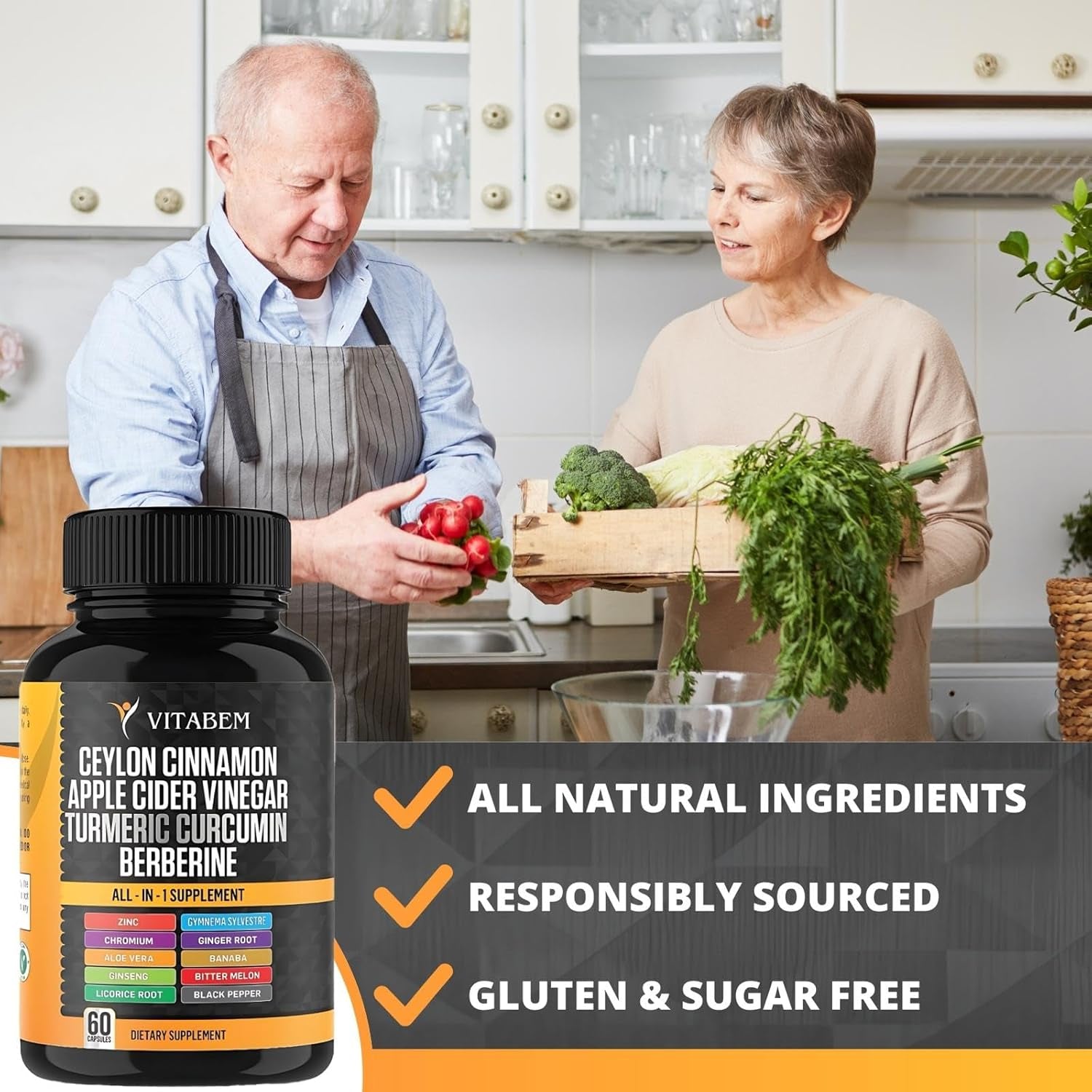 Ceylon Cinnamon Capsules 3000Mg Turmeric 3000Mg Apple Cider Vinegar 3000 Mg Ginseng 2000Mg Aloe Vera 2000Mg Berberine Supplement 1200Mg + Banaba | Bitter Melon | Gymnema | Ginger Root - 60 Count