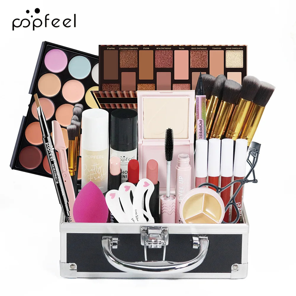 Professional Makeup Kit: Complete Set with Glitter Eyeshadow, Blush, Lipstick, and Foundation - Ideal Gift for Women