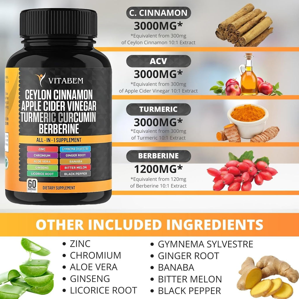 Ceylon Cinnamon Capsules 3000Mg Turmeric 3000Mg Apple Cider Vinegar 3000 Mg Ginseng 2000Mg Aloe Vera 2000Mg Berberine Supplement 1200Mg + Banaba | Bitter Melon | Gymnema | Ginger Root - 60 Count