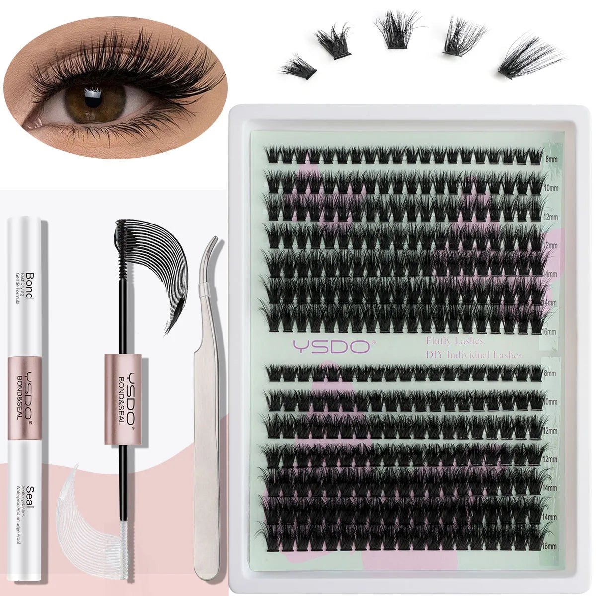 Lash Clusters Kit: Individual Lash Extension Bond and Seal Glue with Tweezers for DIY Multi-Type False Eyelashes Application