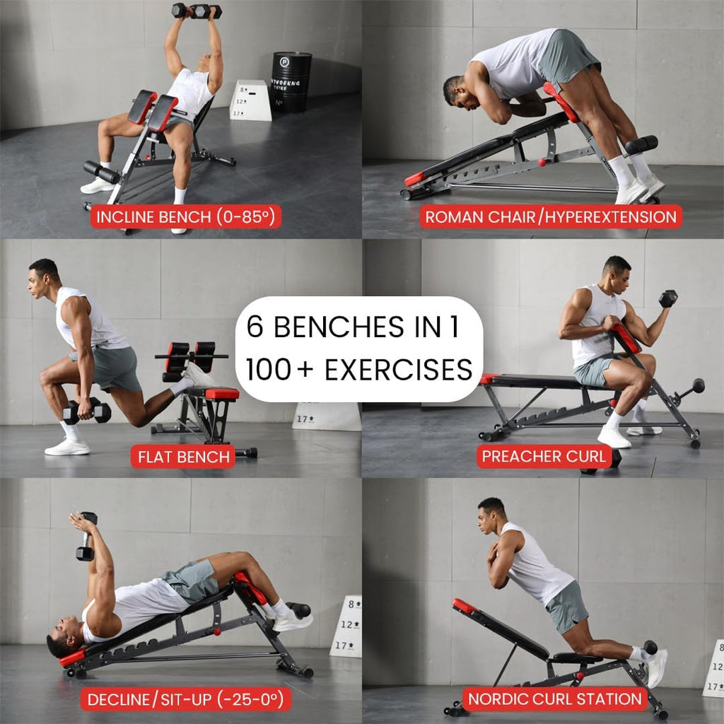 Comprehensive FID Weight Bench for Full-Body Workouts – Hyper Back Extension, Roman Chair, Adjustable Ab Sit-Up, Incline/Decline, and Flat Bench Functions