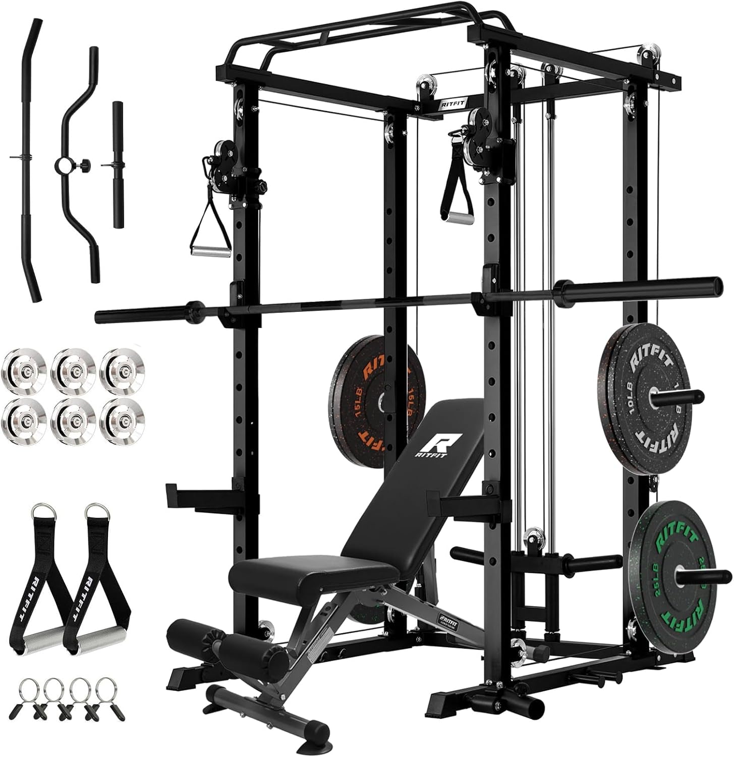 Premium Home Gym Bundle: 1200LBS Power Cage PPC03/P3 with Cable Crossover System, Adjustable Weight Bench, and Olympic Barbell Weight Set for Complete Full Body Training