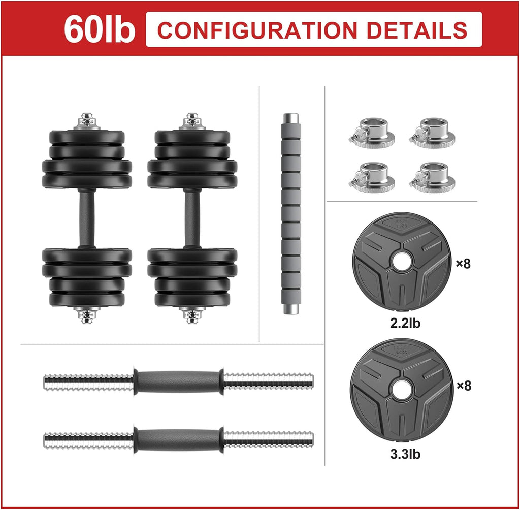Adjustable 60 lb Dumbbell and Barbell Set for Home Gym Strength Training and Fitness Workouts