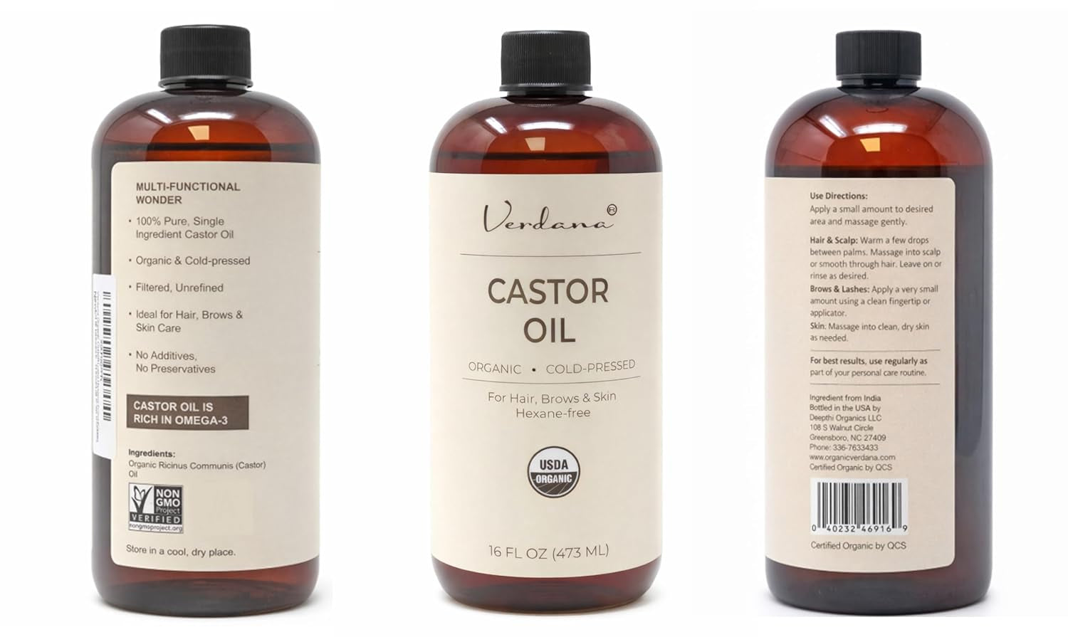 Organic Cold Pressed Castor Oil – Hexane Free Hair and Scalp Treatment, Eyelash and Eyebrow Enhancer, Skin Moisturizer – USDA Certified Pure and Natural – 16 Fl Oz