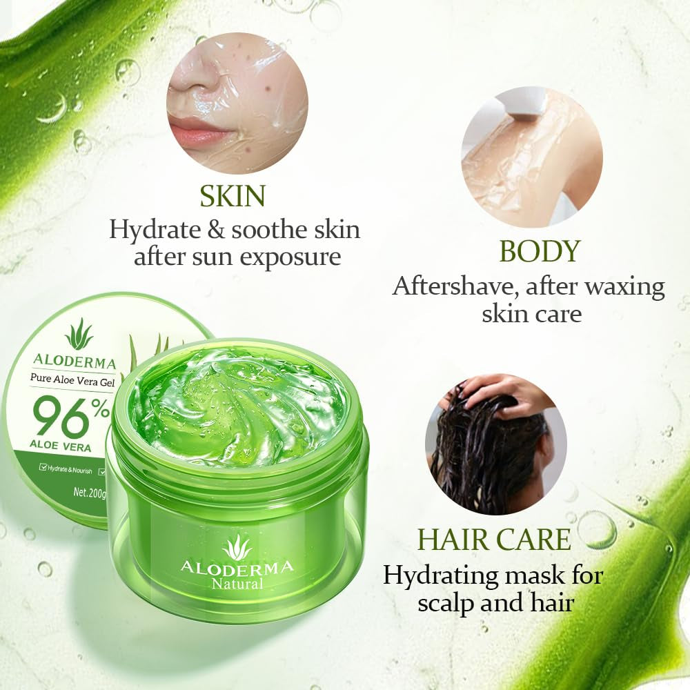 Aloe Vera Gel - 96% Pure Organic Formula, Harvested Within 12 Hours for Skin, Scalp, and Hair Hydration, Soothing Moisturizer, 7.05 Oz
