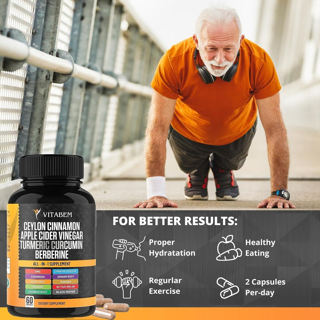 Ceylon Cinnamon Capsules 3000Mg Turmeric 3000Mg Apple Cider Vinegar 3000 Mg Ginseng 2000Mg Aloe Vera 2000Mg Berberine Supplement 1200Mg + Banaba | Bitter Melon | Gymnema | Ginger Root - 60 Count