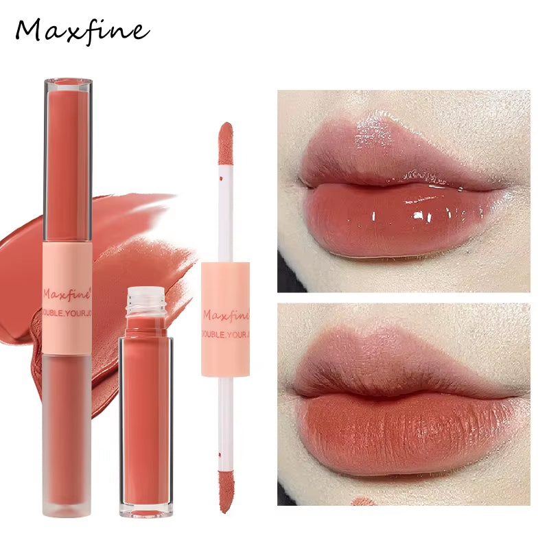 Double-Ended Lip Glaze: Full Gloss and Matte Velvet Finish for Long-Lasting Color and Hydration, Anti-Stain Cosmetic Lip Gloss