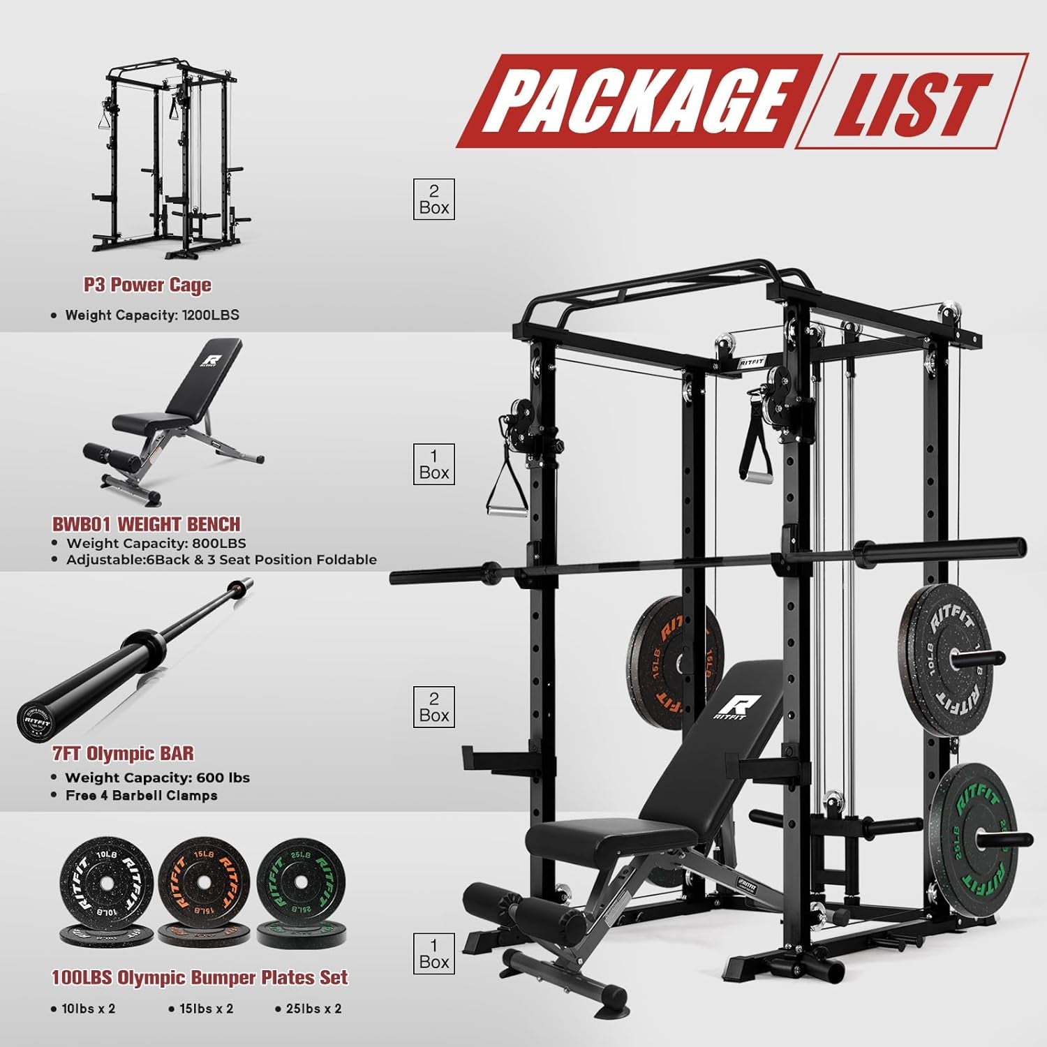 Premium Home Gym Bundle: 1200LBS Power Cage PPC03/P3 with Cable Crossover System, Adjustable Weight Bench, and Olympic Barbell Weight Set for Complete Full Body Training