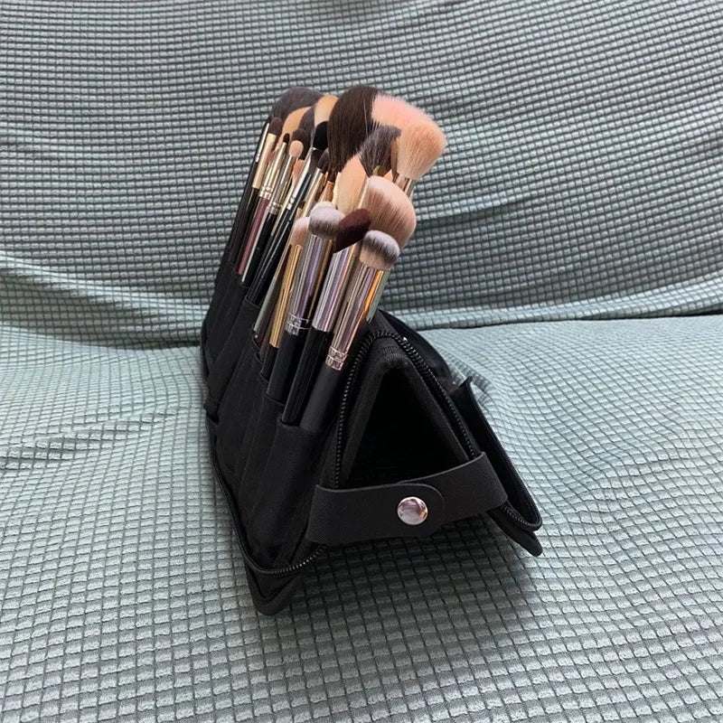 29-Hole Foldable Makeup Brush Organizer - Waterproof Nylon Cosmetic Storage Bag for Women