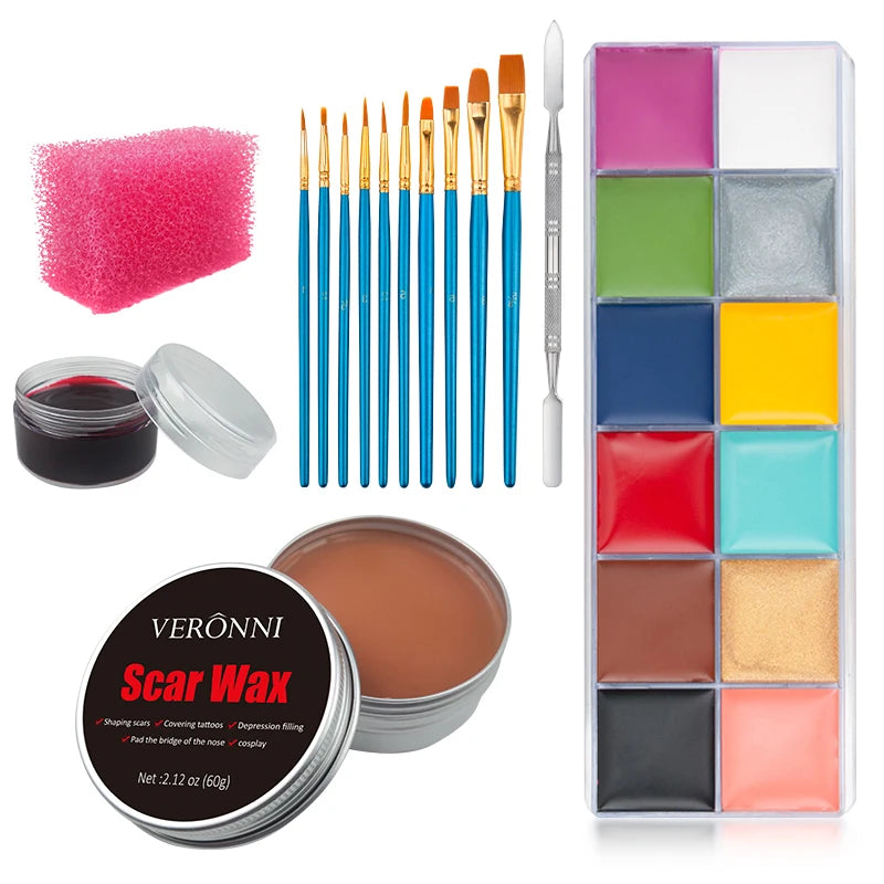 Professional SFX Makeup Kit - 12 Color Face and Body Paint, Oil-Based Special Effects for Halloween, Wound and Scar Wax, Fake Scab, Blood, and Spatula Included