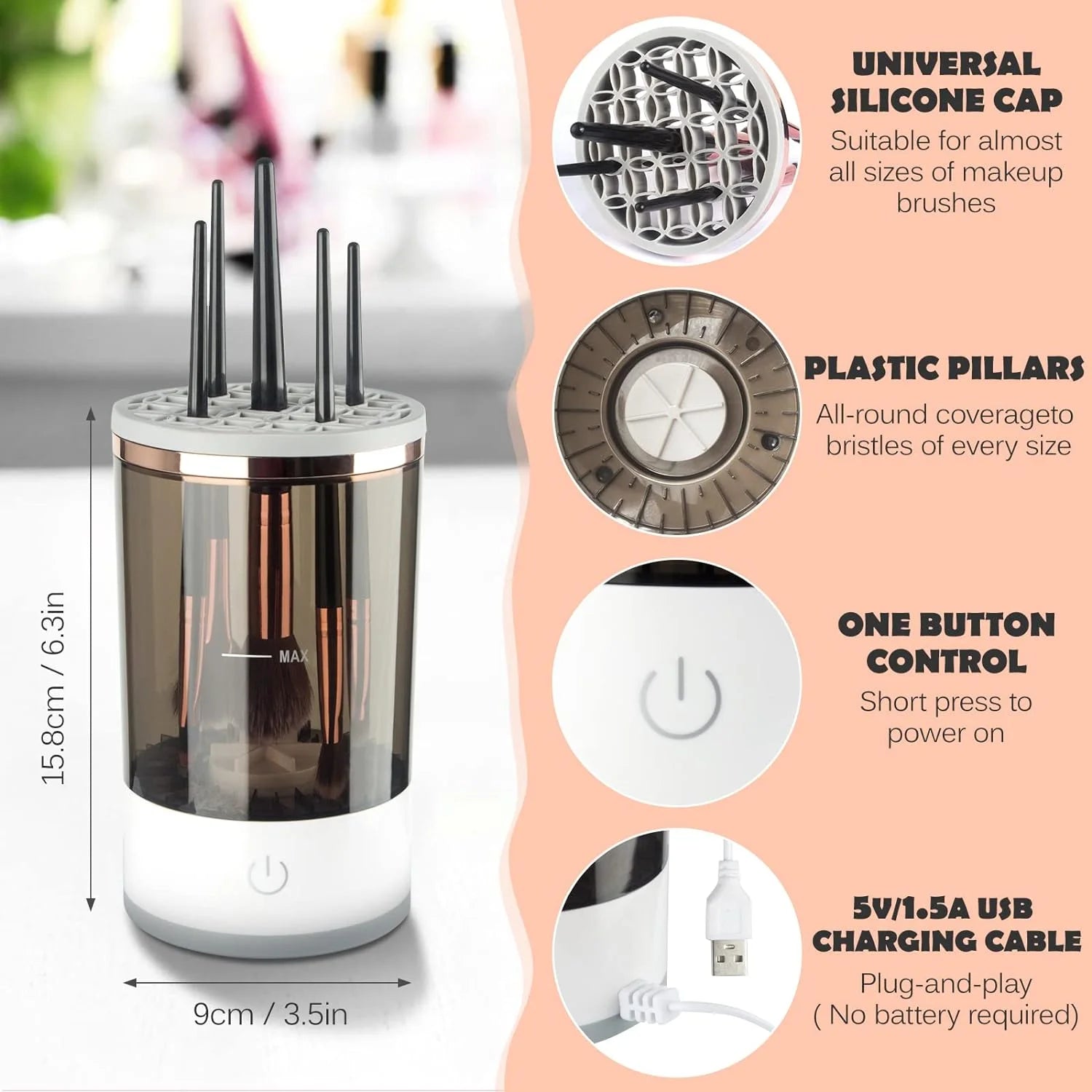 Portable Electric Makeup Brush Cleaner with USB Connectivity and Rubber Brush Collar