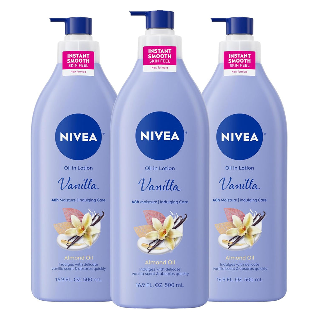 Oil Infused Vanilla and Almond Body Lotion for Women, Fast-Absorbing and Non-Greasy, 48-Hour Moisturization, 16.9 Fl Oz Pump Bottle, Set of 3