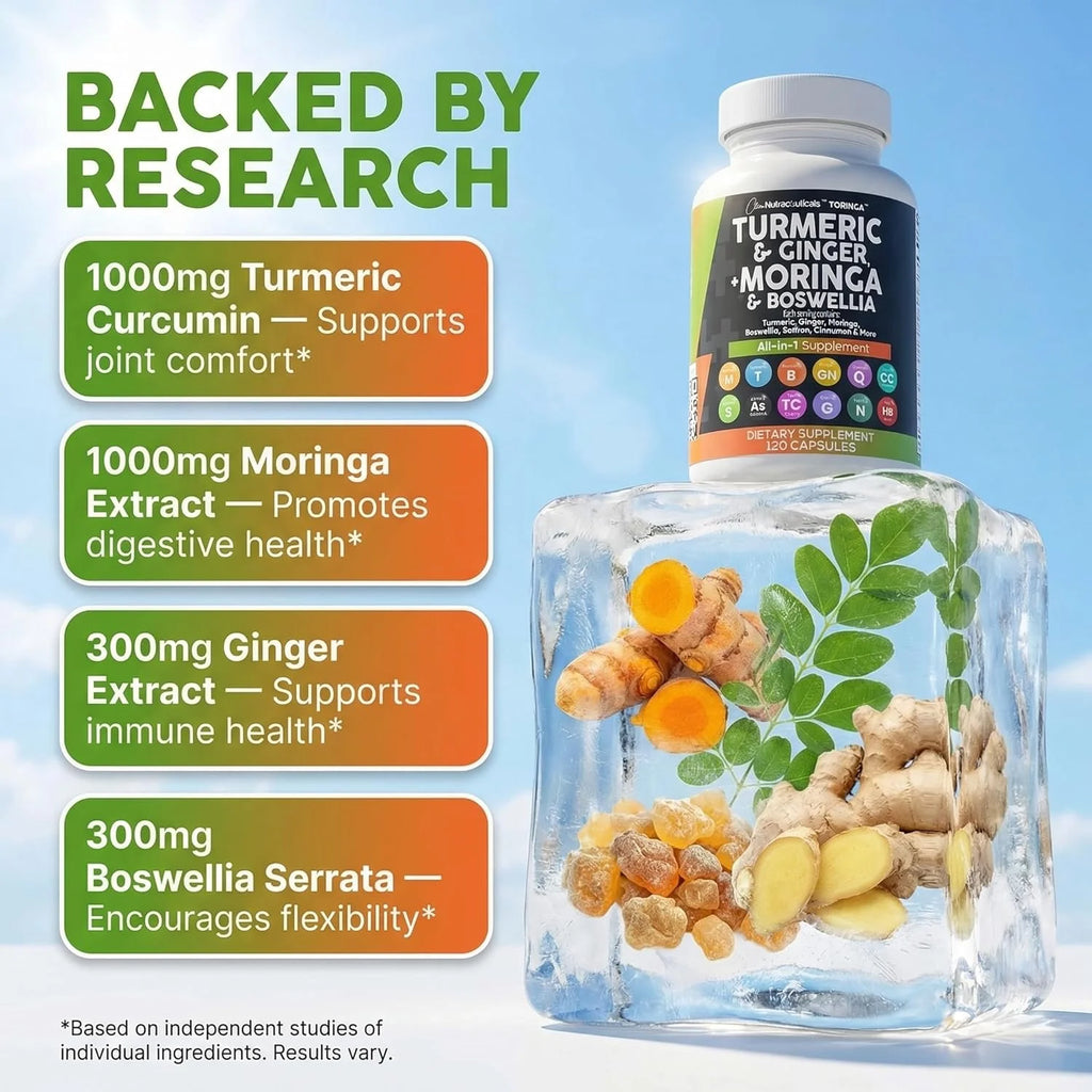 Turmeric and Moringa Supplement with Ginger, Boswellia, and Saffron - Comprehensive Formula for Men and Women Featuring Ceylon Cinnamon, Tart Cherry, Quercetin, Garlic, Nettle, and Holy Basil - 1 Pack