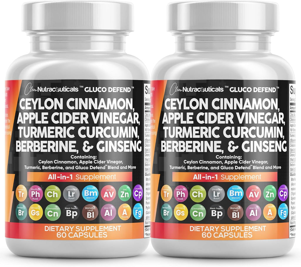 Ceylon Cinnamon Capsules + Berberine Turmeric Apple Cider Vinegar Ginseng Bitter Melon Gymnema Milk Thistle Fenugreek Supplement (60 Count (Pack of 2))